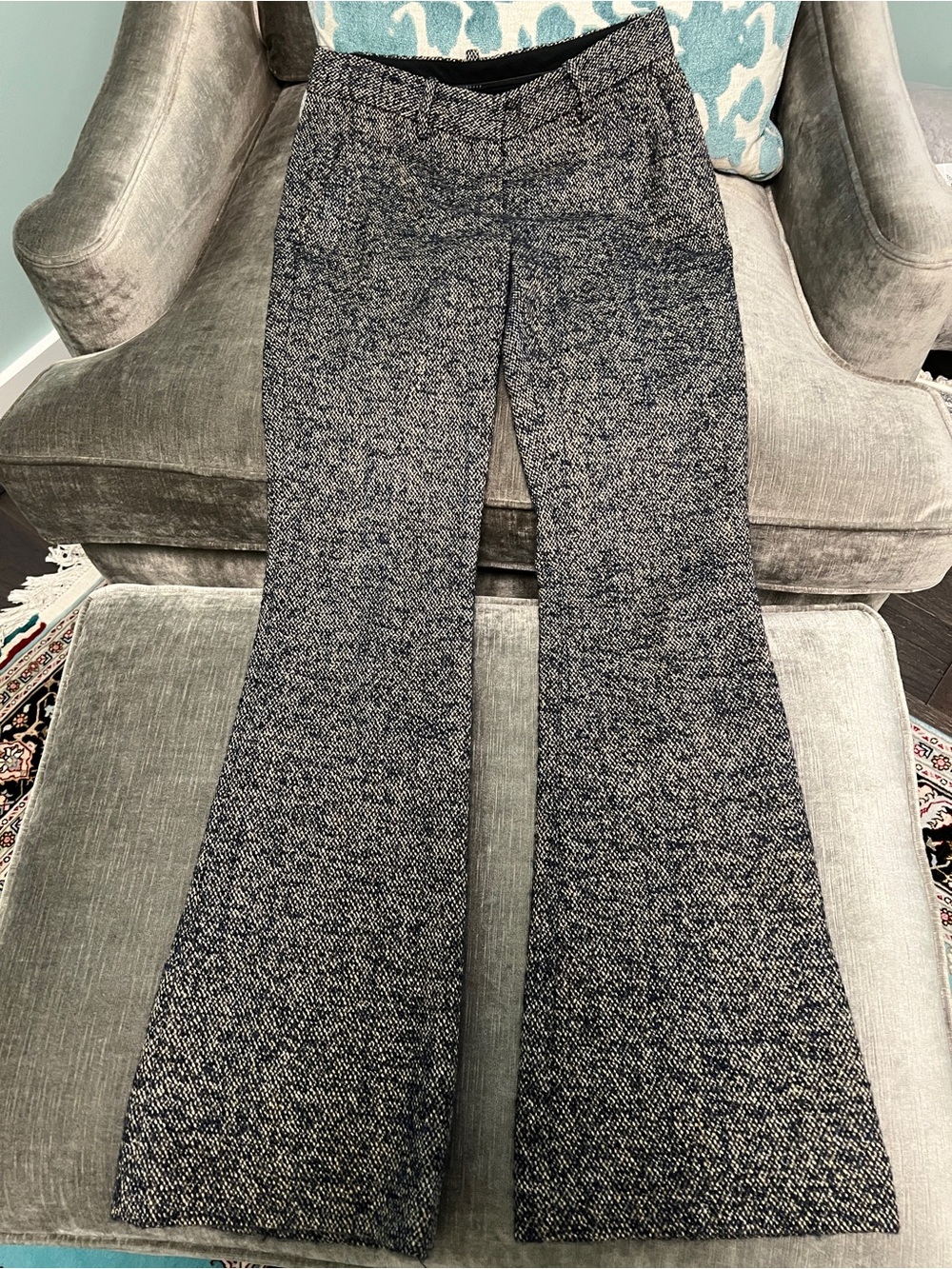 Theory Brinton Donegal Tweed Pants Navy Cream Wool Blend Flared Trousers Size 4